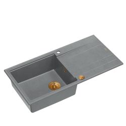 Quadri Luton chiuvetă de bucătărie din granit gri cu suprafață de scurgere reversibilă 100x50cm cu dop de cupru 1208967324