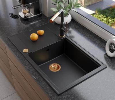 Quadri Luton chiuvetă mare de granit negru cu scurgător reversibil 86x50cm cu dop de cupru 1208967326.