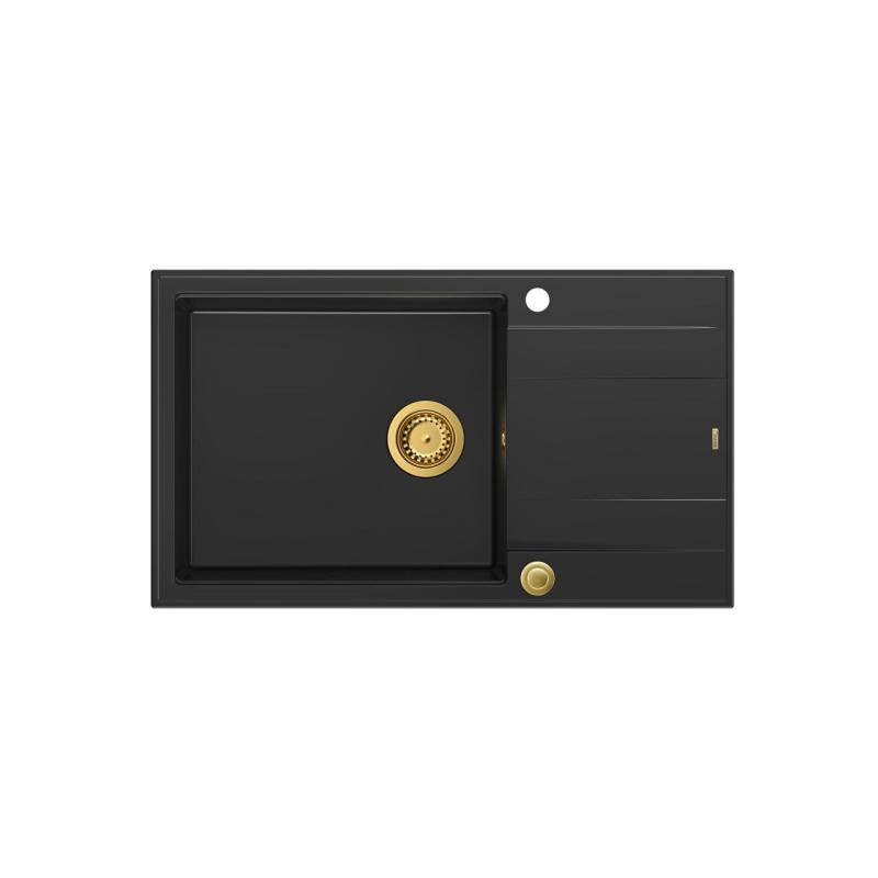 Quadri Luton chiuvetă mare suprapozabilă din granit negru cu suprafață de scurgere reversibilă 86x50cm cu dop auriu 1208967327
