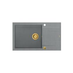 Quadri Luton chiuvetă de bucătărie mare din granit gri cu scurgător, reversibilă, 86x50cm, cu dop auriu 1208967332