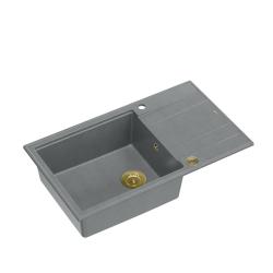Quadri Luton chiuvetă de bucătărie mare din granit gri cu scurgător, reversibilă, 86x50cm, cu dop auriu 1208967332