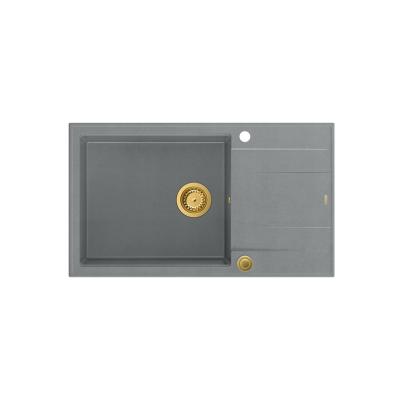 Quadri Luton chiuvetă de bucătărie mare din granit gri cu scurgător, reversibilă, 86x50cm, cu dop auriu 1208967332