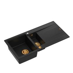 Quadri Luton chiuvetă din granit negru, montată pe blat, cu 1,5 cuve și scurgător, reversibilă, 100x50cm, cu dop de cupru 1208967347.