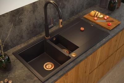 Quadri Luton chiuvetă din granit negru, montată pe blat, cu 1,5 cuve și scurgător, reversibilă, 100x50cm, cu dop de cupru 1208967347.