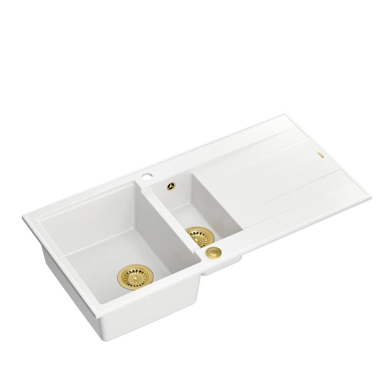 Quadri Luton chiuvetă de granit albă, montată pe suprafață, cu 1,5 cuve și scurgător reversibil, 100x50cm, cu dop auriu 1208967348