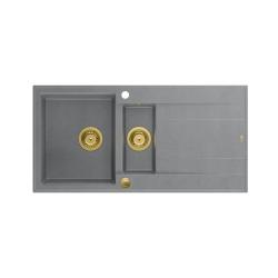 Quadri Luton chiuvetă pe blat din granit gri, cu 1,5 cuve și scurgător reversibil, 100x50cm, cu dop auriu 1208967351