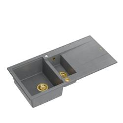 Quadri Luton chiuvetă pe blat din granit gri, cu 1,5 cuve și scurgător reversibil, 100x50cm, cu dop auriu 1208967351