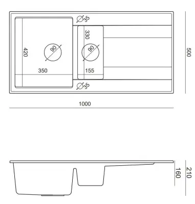 Quadri Luton chiuvetă din granit antracit, montaj pe blat, 1,5 cuvă cu suprafață de scurgere reversibilă, 100x50 cm, cu dop din inox 1208967353