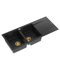 Quadri Luton chiuvetă dublă din granit negru cu scurgător 116x50 cm cu dop auriu 1208967356