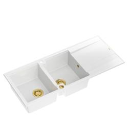 Quadri Luton construcție chiuvetă dublă granit albă cu scurgător 116x50 cm cu dop auriu 1208967358