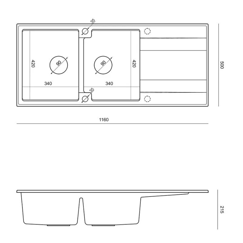 Quadri Luton construcție chiuvetă dublă granit albă cu scurgător 116x50 cm cu dop auriu 1208967358