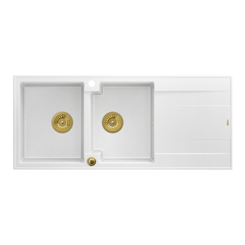 Quadri Luton construcție chiuvetă dublă granit albă cu scurgător 116x50 cm cu dop auriu 1208967358