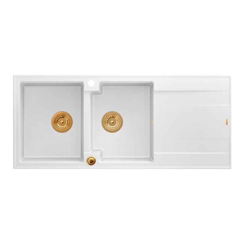 Quadri Luton chiuvetă dublă încorporată din granit alb cu zonă de scurgere 116x50 cm cu dop de cupru 1208967359