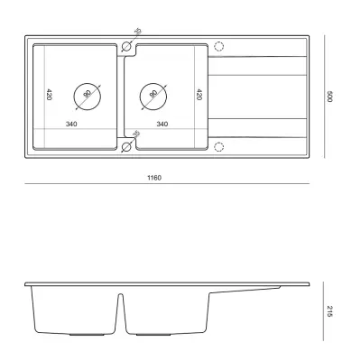 Quadri Luton chiuvetă dublă de granit gri cu scurgător 116x50 cm cu dop din inox 1208967360.