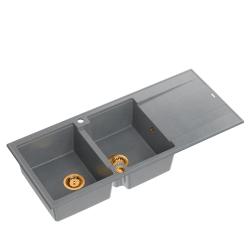 Quadri Luton chiuvetă dublă de granit gri cu scurgător 116x50 cm cu dop de cupru 1208967362