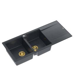 Quadri Luton chiuvetă dublă de granit cu scurgător antracit de 116x50 cm cu sifon auriu 1208967364
