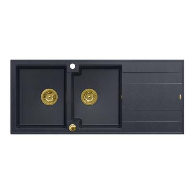 Quadri Luton chiuvetă dublă de granit cu scurgător antracit de 116x50 cm cu sifon auriu 1208967364