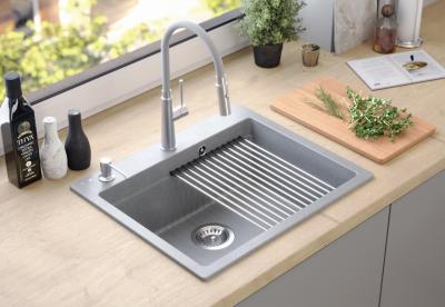 Chiuveta de suprafață Quadri Durham din granit gri, 595x500, cu dozator de săpun, tocător, cuvă auxiliară și covoraș de rulare 1208967378