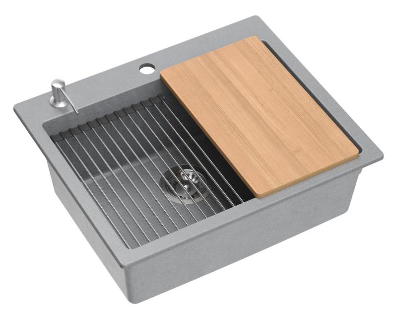 Chiuveta de suprafață Quadri Durham din granit gri, 595x500, cu dozator de săpun, tocător, cuvă auxiliară și covoraș de rulare 1208967378