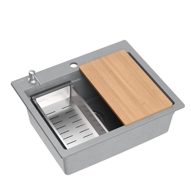 Chiuveta de suprafață Quadri Durham din granit gri, 595x500, cu dozator de săpun, tocător, cuvă auxiliară și covoraș de rulare 1208967378