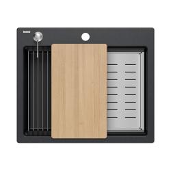 Chiuveta de suprafață Quadri Durham din granit antracit 595x500 cu dozator de săpun, tocător, cuvă auxiliară și covoraș rulant 1208967379