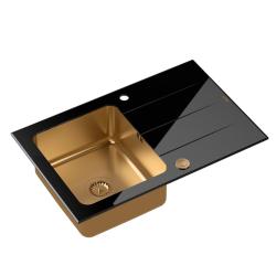 Quadri Glazz chiuvetă de cupru montată pe blat cu suprafață de scurgere din sticlă neagră 78x50 reversibilă 1208967406