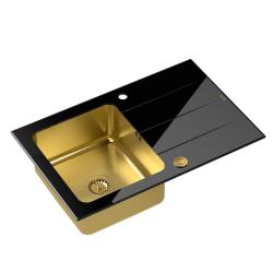 Quadri Glazz chiuvetă de montare aurie cu zonă de scurgere din sticlă neagră 78x50 reversibilă 1208967407