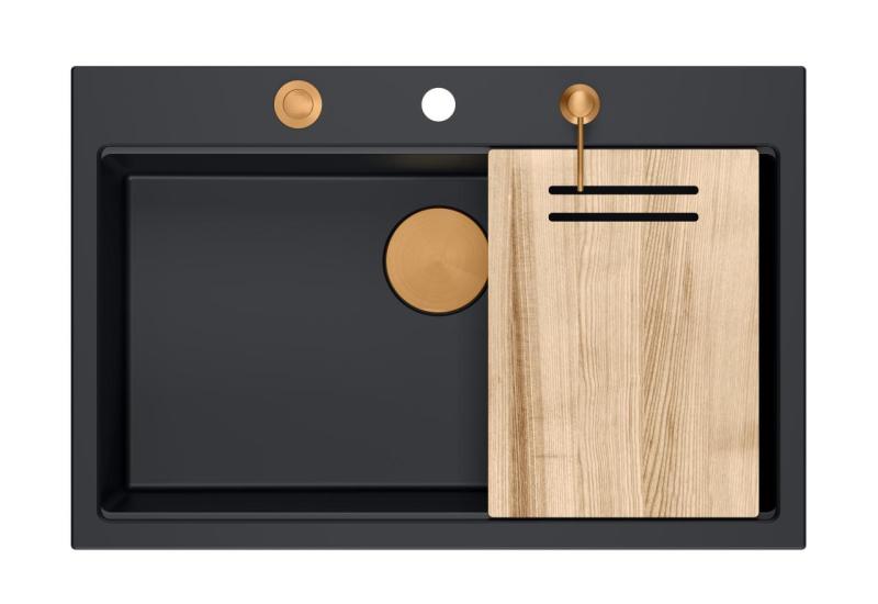 Quadri Hard Rock mat negru chiuvetă de granit mare deasupra blatului 76x50cm inclusiv dop de cupru și accesoriu 1208967423