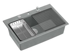 Quadri Hard Rock gri granit chiuvetă de suprafață mare 76x50cm inclusiv dop din inox și accesorii 1208967430