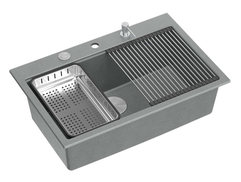 Quadri Hard Rock gri granit chiuvetă de suprafață mare 76x50cm inclusiv dop din inox și accesorii 1208967430