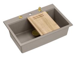 Chiuveta mare Quadri Hard Rock taupe din granit 76x50cm, inclusiv dop de aur și accesorii 1208967436