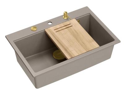 Chiuveta mare Quadri Hard Rock taupe din granit 76x50cm, inclusiv dop de aur și accesorii 1208967436