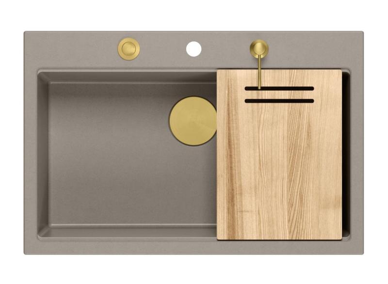 Chiuveta mare Quadri Hard Rock taupe din granit 76x50cm, inclusiv dop de aur și accesorii 1208967436