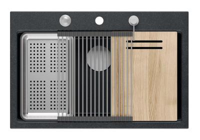 Quadri Hard Rock antraciet granieten opbouw grote spoelbak 76x50cm inclusief roestvrijstalen plug en accessoires 1208967442