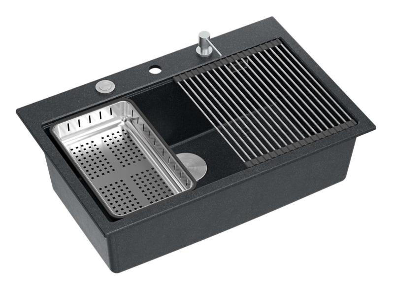 Quadri Hard Rock antraciet granieten opbouw grote spoelbak 76x50cm inclusief roestvrijstalen plug en accessoires 1208967442
