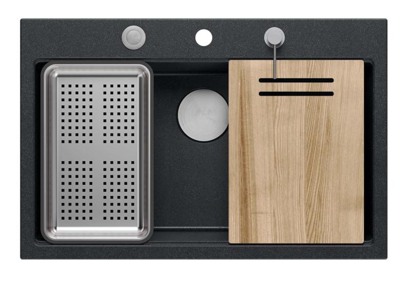Quadri Hard Rock antraciet granieten opbouw grote spoelbak 76x50cm inclusief roestvrijstalen plug en accessoires 1208967442