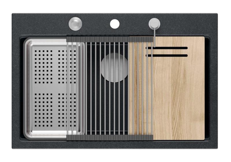 Quadri Hard Rock antraciet granieten opbouw grote spoelbak 76x50cm inclusief roestvrijstalen plug en accessoires 1208967442