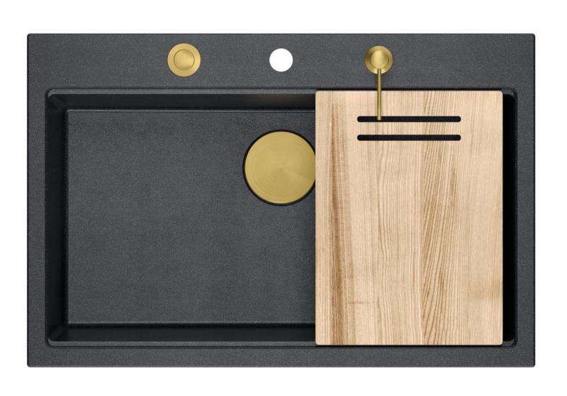 Quadri Hard Rock antraciet granieten inbouw grote spoelbak 76x50cm inclusief gouden plug en accessoires 1208967444