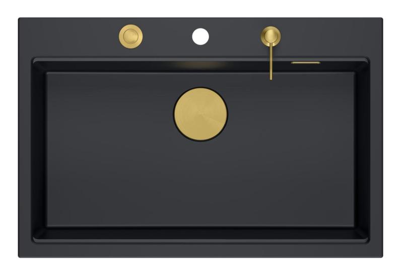 Quadri Hard Rock antraciet granieten inbouw grote spoelbak 76x50cm inclusief gouden plug en accessoires 1208967444