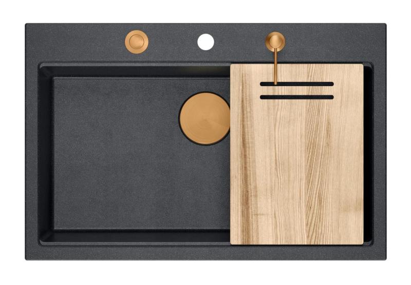 Quadri Hard Rock antraciet granieten opbouw grote spoelbak 76x50cm inclusief koperen plug en accessoires 1208967445Traducere în română:Chiuvetă de bucătărie Quadri Hard Rock antracit din