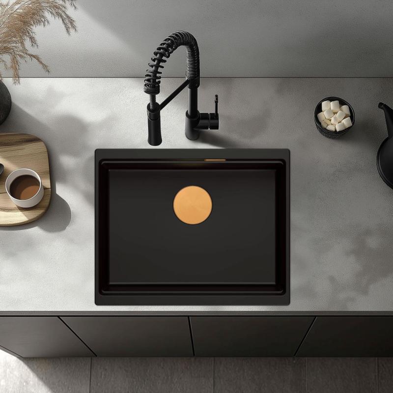 Quadri Newport II granit chiuvetă submontată neagră 560x450mm cu dop de cupru și capac de scurgere 1208967450