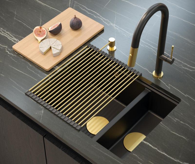 Quadri Newport II negru 1,5 chiuvetă din granit montare pe blat și sub blat 555x460mm cu dop auriu 1208967464