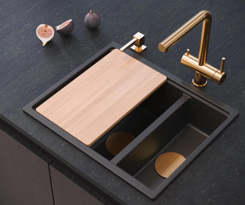 Quadri Newport II negru, chiuvetă din granit cu 1,5 cuve montată pe blat și sub blat, dimensiuni 555x460mm, cu dop de cupru 1208967465