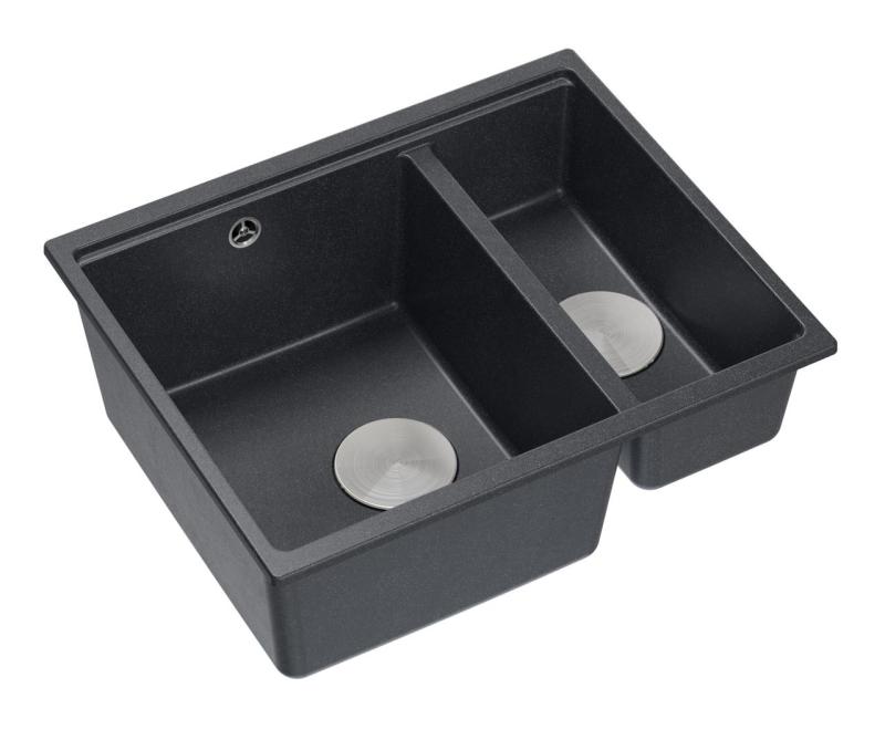 Quadri Newport II antracit, chiuvetă dublă 1,5 din granit, montare pe blat și sub blat, dimensiuni 555x460mm, cu dop din inox 1208967472.