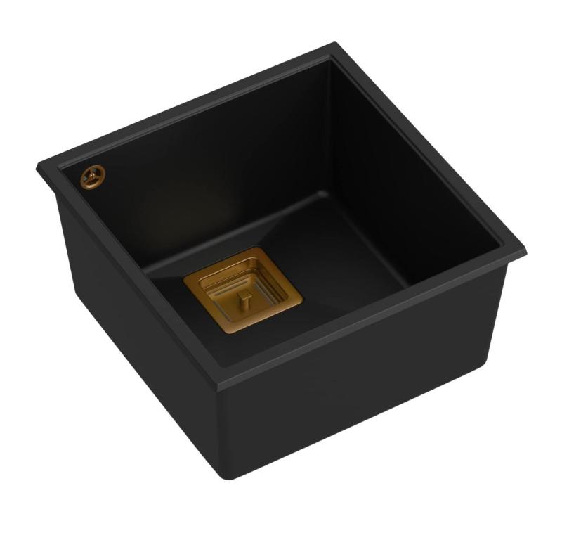 Quadri Quadrangle chiuvetă de bucătărie submontată din granit negru 42x42cm cu dop din cupru 1208967482
