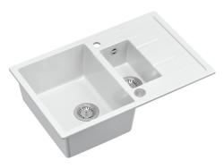 Quadri Brenton chiuvetă de suprafață din granit alb, cu 1,5 cuve și scurgător, 78x50cm, cu dop din inox, 1208967491