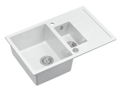 Quadri Brenton chiuvetă de suprafață din granit alb, cu 1,5 cuve și scurgător, 78x50cm, cu dop din inox, 1208967491