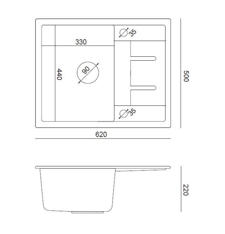 Quadri Dalton grijze granieten inbouw spoelbak met afdruipvlak 62x50cm met roestvrijstalen plug 1208967492