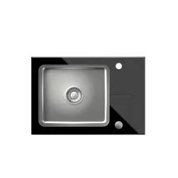 Quadri Glazz Set cu robinet de bucătărie și chiuvetă din inox cu scurgător de sticlă neagră 64x44cm reversibil 1208967493