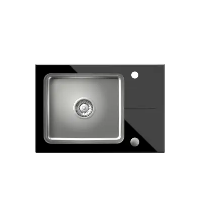Quadri Glazz Set cu robinet de bucătărie și chiuvetă din inox cu scurgător de sticlă neagră 64x44cm reversibil 1208967493
